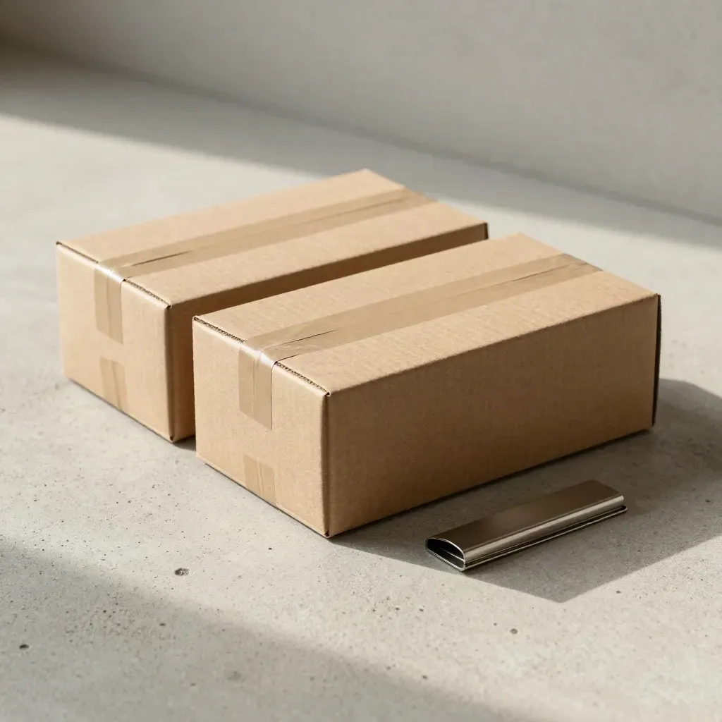 Three parcel boxes, folded band and metal clip in a precise overhead flatlay.