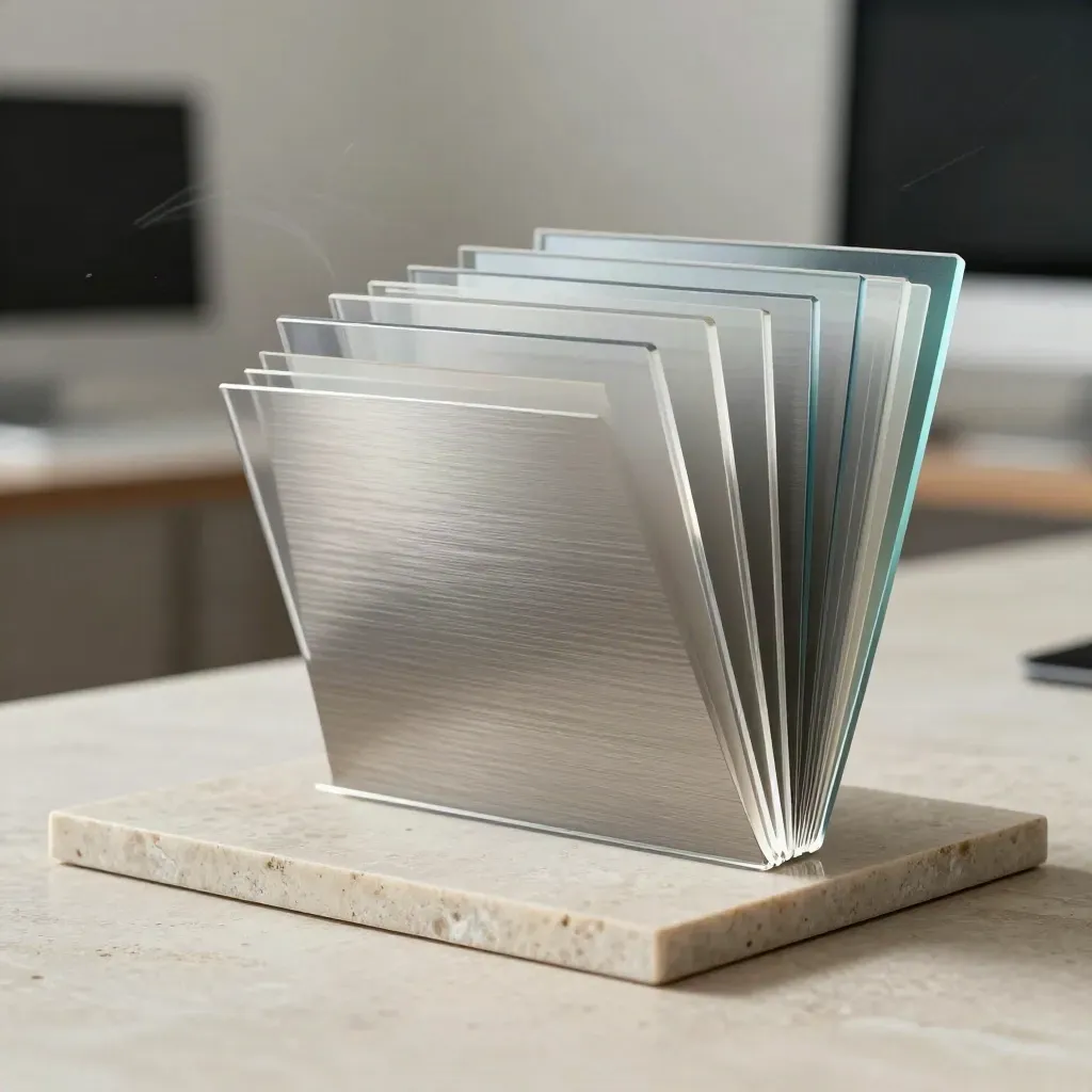 Brushed metal listing tile with clear acetate sheets on a stone tray, softly lit from one side.