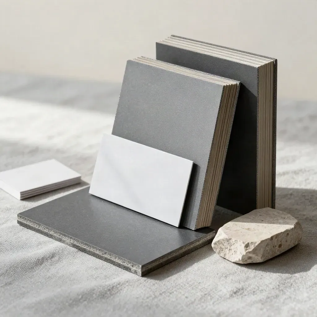 Graphite inventory tile, two sample cartons, white tag cards and stone wedge in hard side light