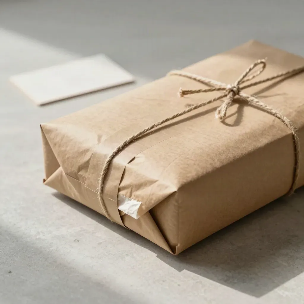 Parcel with twine and tissue on pale stone, lit from upper left with soft mist.