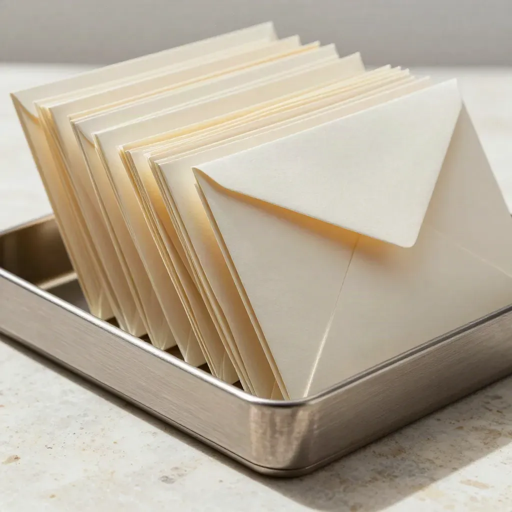 Brushed metal message tray with fanned blank envelopes and folded note cards on travertine.