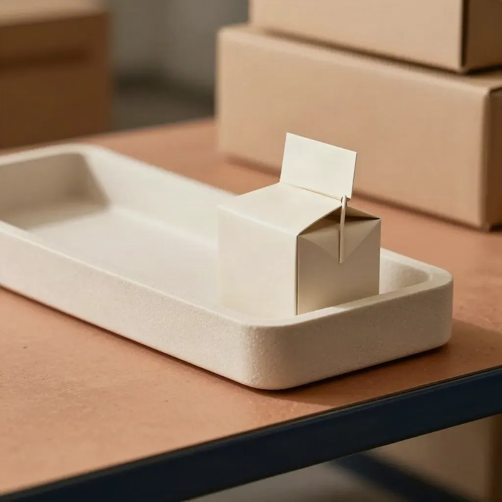 Restock tray with one carton settling into the last slot under soft daylight.
