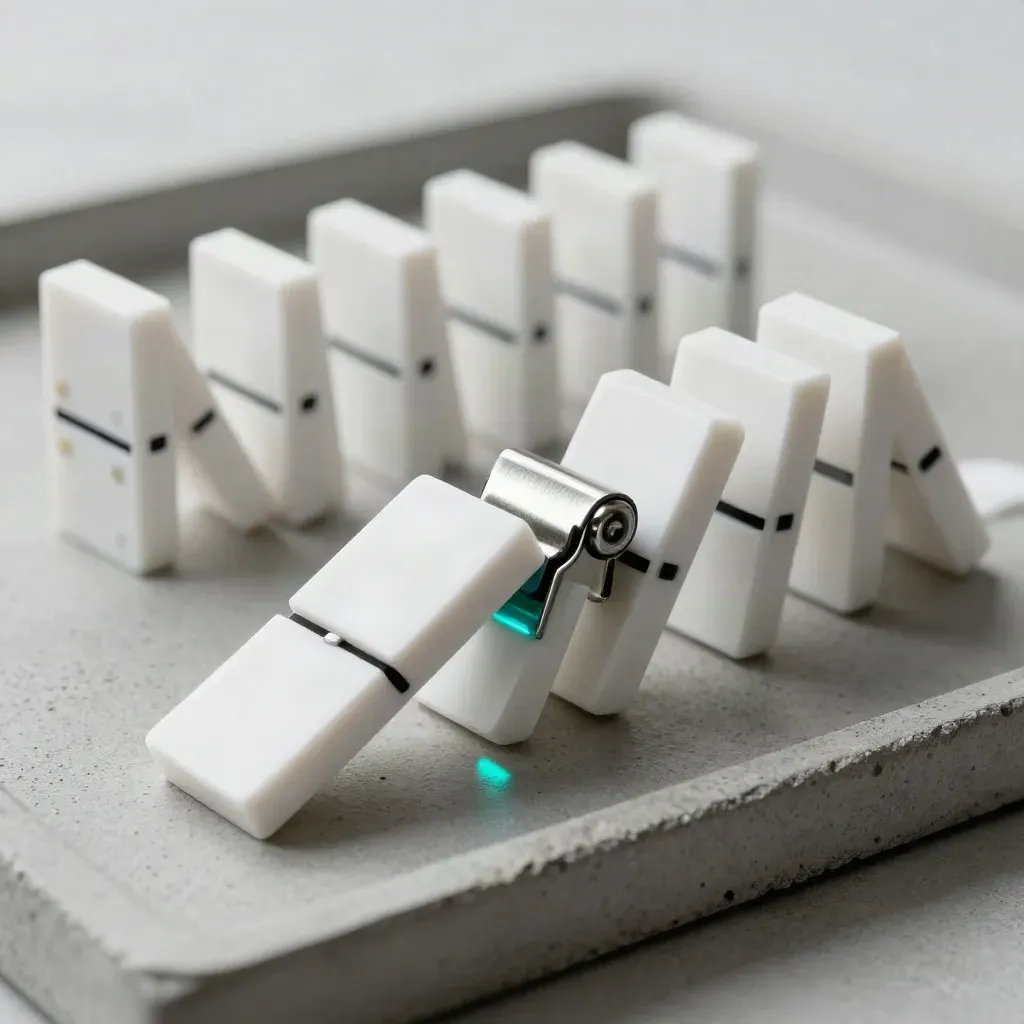 White automation blocks linked on brushed concrete with teal detail and dramatic studio light.
