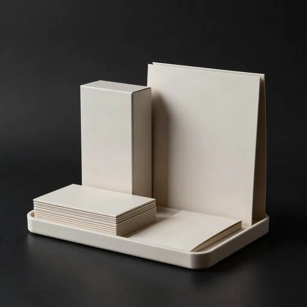 Stacked blank stock kit with two boxes, slim sleeve, and tray on a dark studio surface.