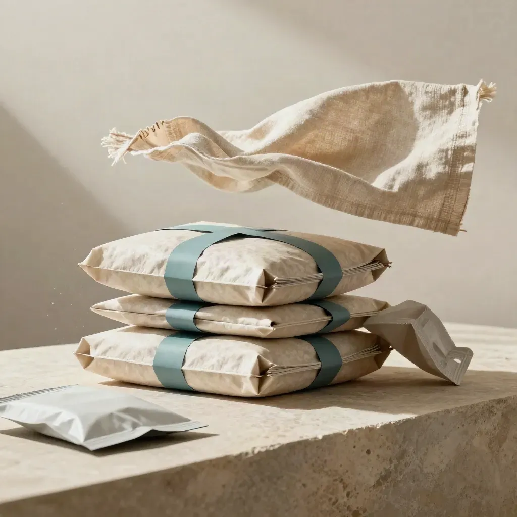 Stacked parcels and a linen cloth on warm stone, lit from upper left with teal accent wrap.