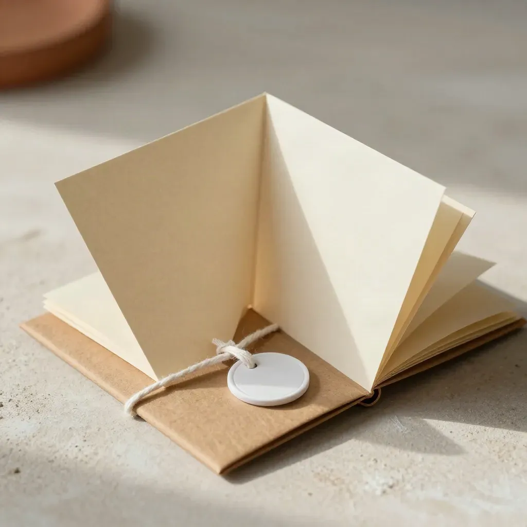 Macro of a folded kraft return booklet with string and white seal disc, paused halfway open.