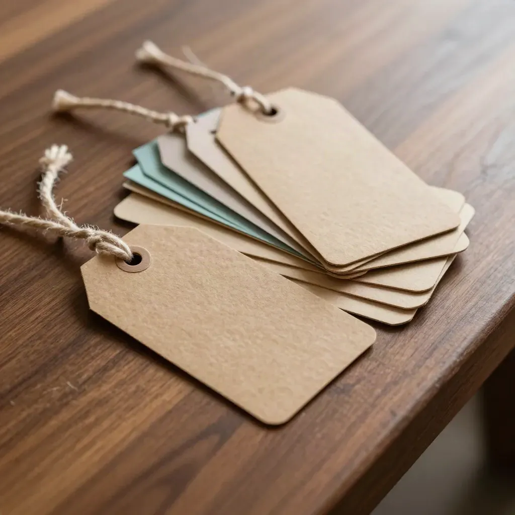 Top-down macro of plain die-cut order tags fanned on a kraft bench with twine loops and a pouch.
