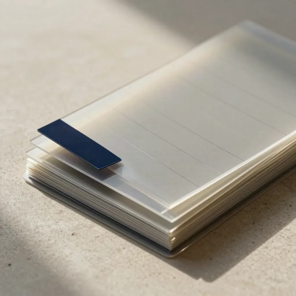 Clear acetate listing sheets and blank sticky tabs layered on pale stone, lit from upper left.