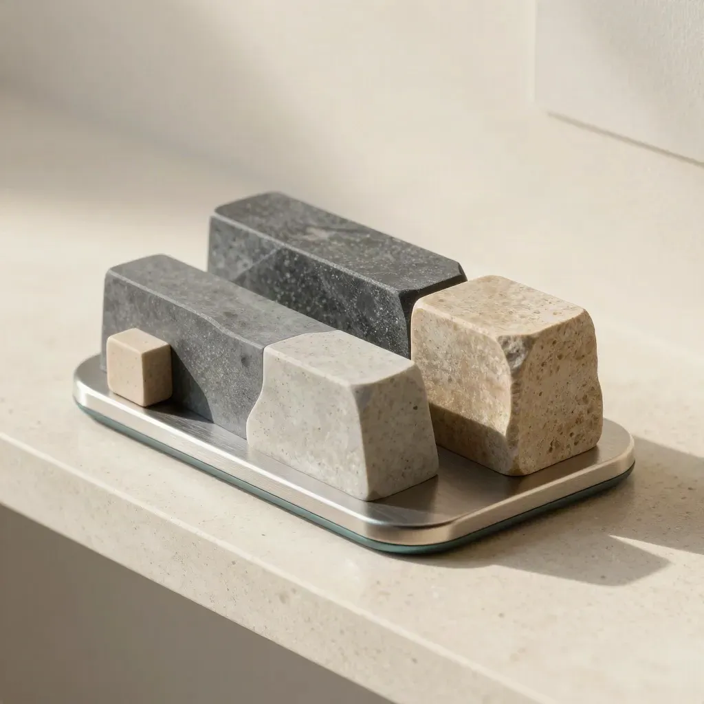 Compact sales snapshot sculpture with raised bars, stone cube, and blurred report card on pale stone.