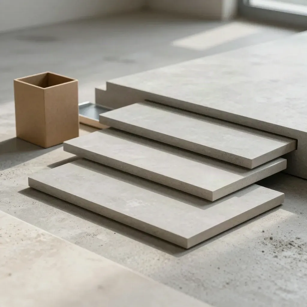 Three blank access tiles stepped beside a kraft holder on cool concrete, softly lit from upper left.