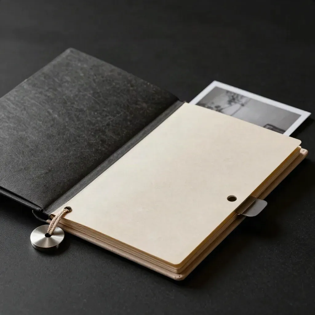 Folded marketplace setup folder with strap and metal disc on matte black, lit dramatically