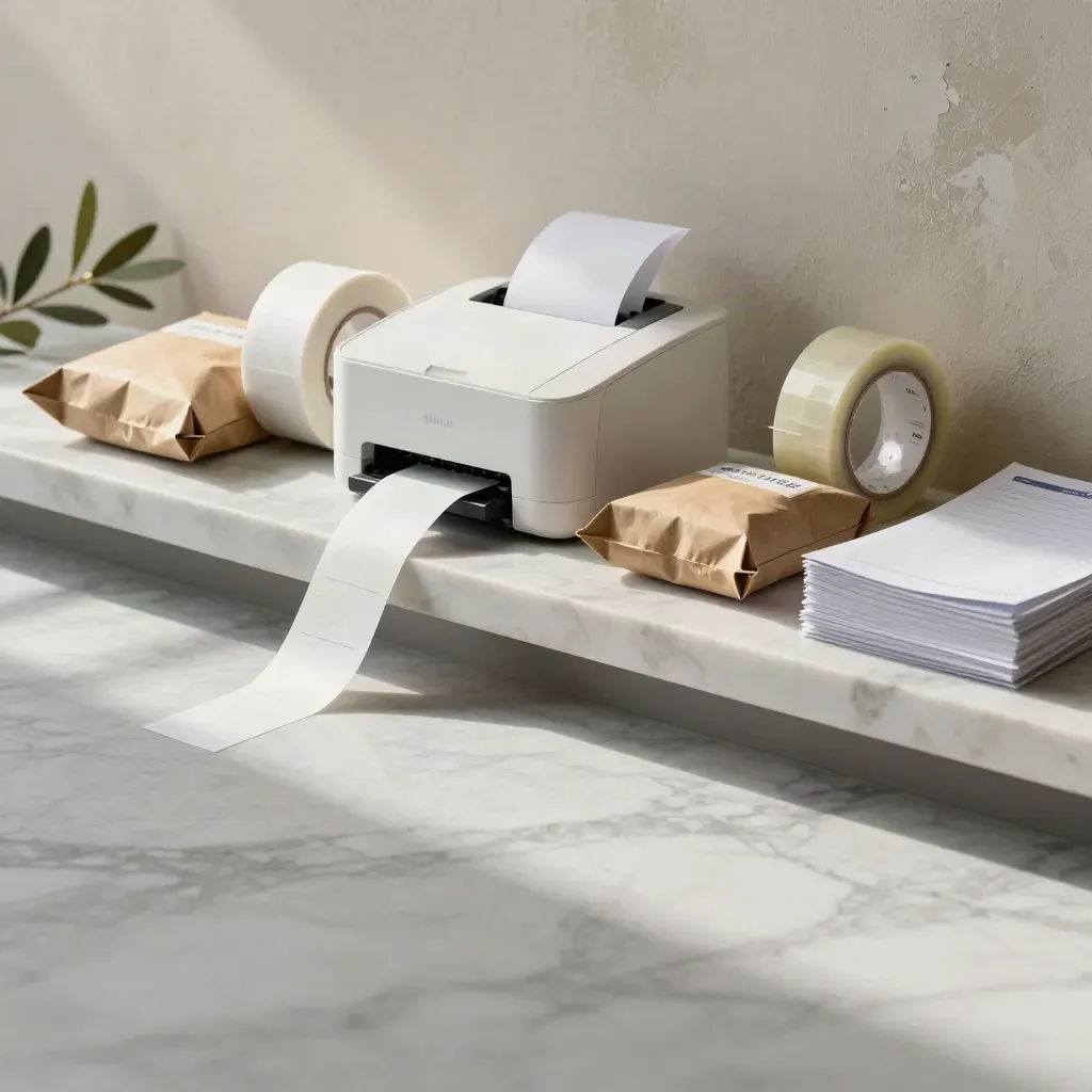 Marble windowsill still life with shipping labels, parcels and soft morning light.