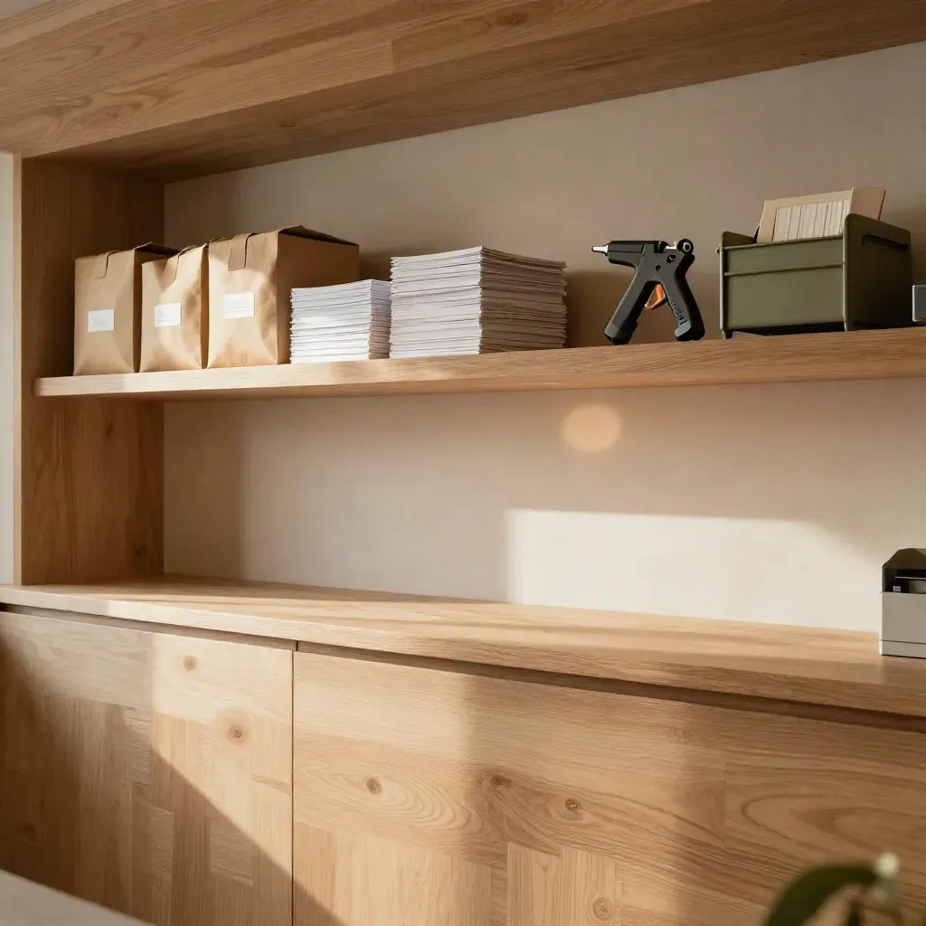 Warm oak loft with parcel trays, mailers, lamp glow and calm copy space for a seller brand.
